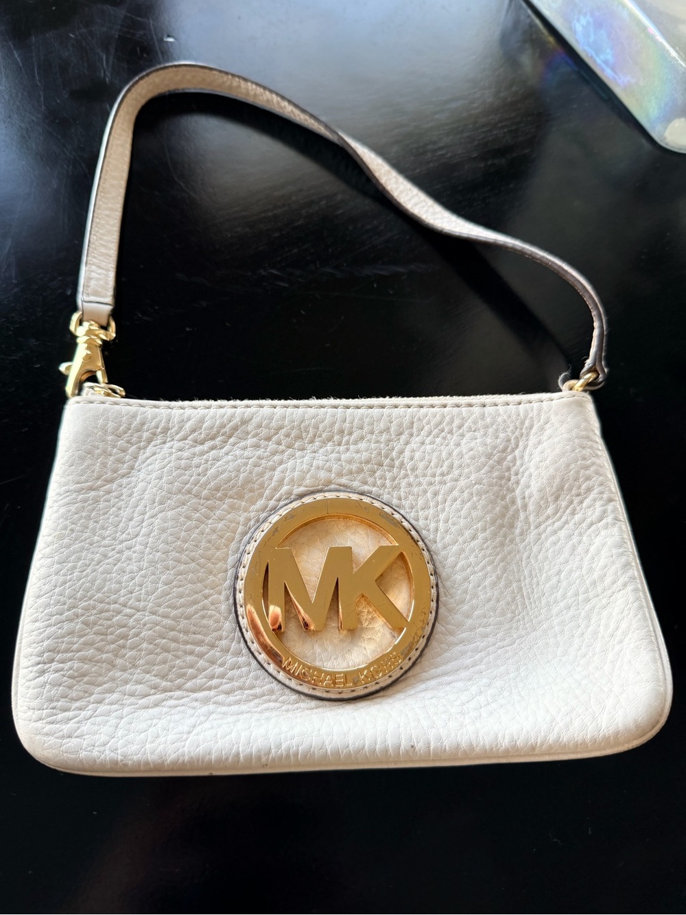 Michael Kors White Leather Logo Wristlet Clutch with Gold Emblem